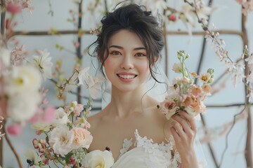 Poster - beautiful woman smiling in white wedding dress with flowers, bride