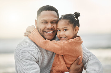 Wall Mural - Love, father and child hug on beach for bonding, happiness and fun on summer vacation with a smile. Family portrait, man and happy daughter embracing, laughing and enjoying sunshine travel holiday