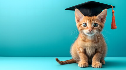 Wall Mural - Cute ginger kitten in black graduation cap, sitting in bright turquoise background