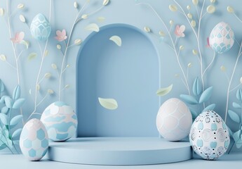 Easter-themed 3D podium with decorative eggs and leaves for product display 3D Rendering illustration. Mockup design for Easter day on stage in studio room. Blue flat stand with patterned egg decor