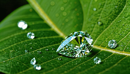 Poster - A large diamond and smaller gems glisten on vibrant green leaves, reflecting light and highlighting the beauty of nature