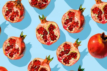 Minimalistic illustrated pomegranate seamless pattern, background. Healthy eating concept