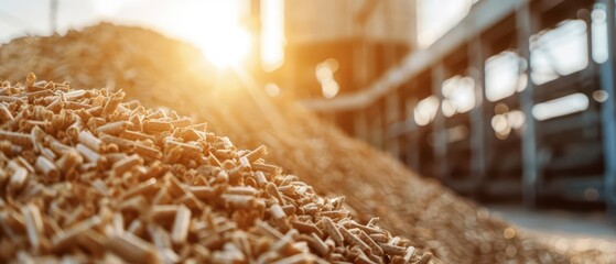 Biomass Energy Biomass energy utilizes organic materials for power, with sunlight filtering through the processing plant, banner, with copy space