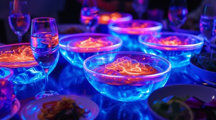 A luxurious dining setup featuring bowls and glassware lit with neon lights. The striking blue and purple hues create an elegant and modern atmosphere, perfect for sophisticated dining experiences and