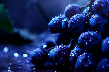 Wall Mural - Bunch of black grapes with drops of water on a dark background. Moon light