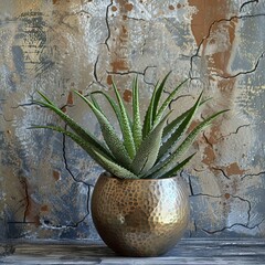 An aloe plant in a hammered bronze pot sits against a distressed, textured background. The plant's structured form contrasts with the rustic, artistic backdrop, creating an appealing visual