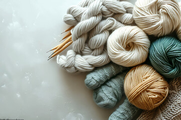 Set of knitting yarn on white background ,Close-up of balls of yarn in pastel colors and knitted cozy sweater