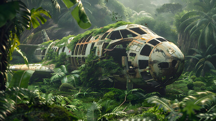 crashed abandoned spaceship in jungle, extraterrestrial spacecraft overgrown by green plants on plan