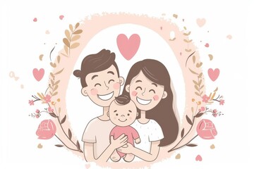 Sticker - Cute cartoon family portrait pastel colors flat design highlighting love and unity in a cheerful modern illustration