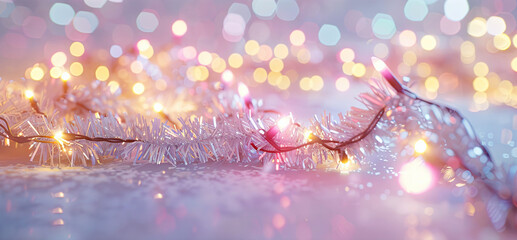 Aufkleber - Sparkling Christmas Garland Laid Out on Smooth White Surface With Pastel Background in a Festive Atmosphere