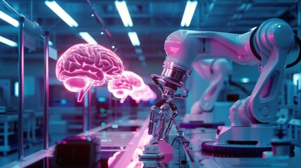 Poster - Robotic Arm Manufacturing Process with Glowing Brain Model
