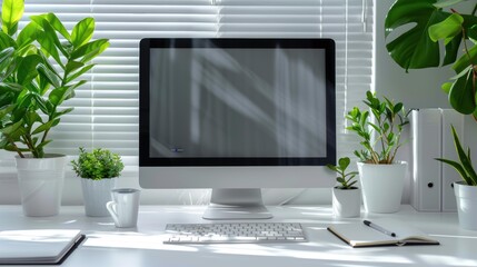 Poster - Modern Home Office Desk with Computer, Plants, and Notebook