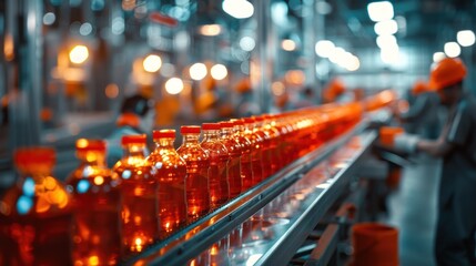 Poster - A closeup image of bottles on a conveyor belt in a factory setting