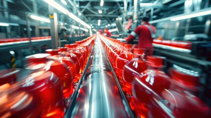 Poster - Red bottles moving along a conveyor belt in a factory setting