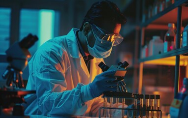 Poster - A Scientist Carefully Examines Samples Under a Microscope in a Laboratory Lit by Vibrant Neon Lights