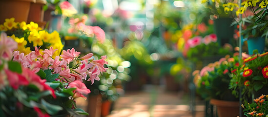 Wall Mural - Copy space image of potted flowers and plants displayed in a flower shop and within a greenhouse, showcasing tropical flowers being grown at home with selective focus on natural flora.