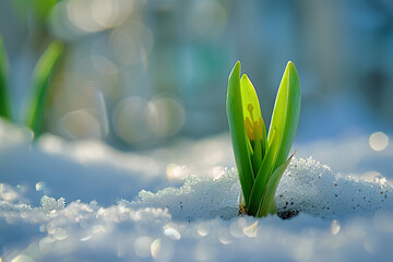 Wall Mural - A small green plant is growing in the snow.