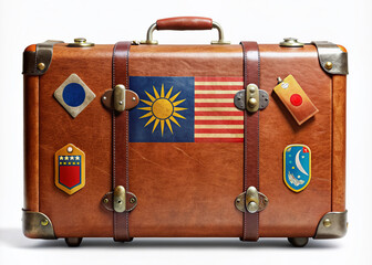 Retro brown leather suitcase adorned with vintage travel stickers and a bright Malaysian flag, evoking a sense of nostalgic adventure and exotic exploration.