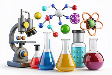 Colorful 3D icons of laboratory equipment and scientific symbols, including lab coat, test tube, molecule, flask, microscope, atom model, and chemistry hazard signs, on a white background.