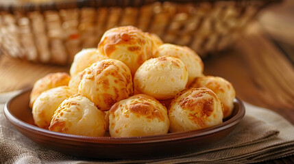 Wall Mural - Closeup of brazilian cheese bread pao de queijo on a plate on table, table, Closeup, bread, plate