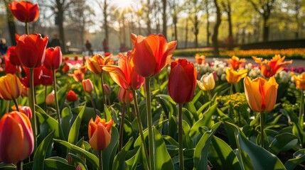 Canvas Print - Blooming red and orange tulips in a Dutch garden during spring with sunlight