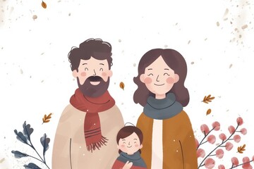 Poster - Playful cartoon family with baby autumn theme flat design highlighting joy and unity in a cheerful seasonal setting