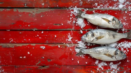 Overhead shot of three freshly caught fish lying on a rustic red wooden table, surrounded by scattered ice. The vivid red backdrop contrasts with the silver fish, making it an eye-catching image for