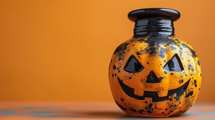 Jack-o-lantern bottle with a smiling face against an orange background, evoking a cheerful and festive Halloween spirit. Concept of Halloween, fun decor, and autumn celebration