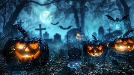 Halloween spooky traditional pumpkins on dark misty night forest with blue fog