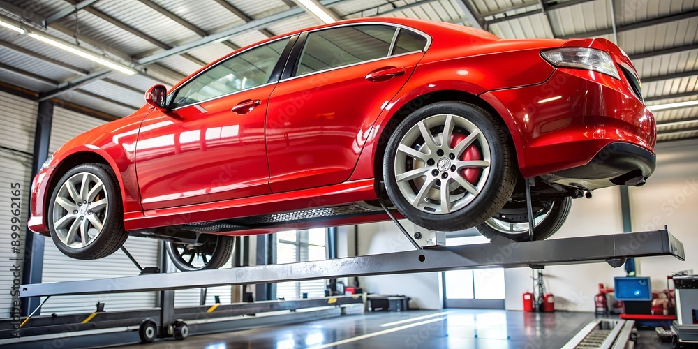 Detailed view of wheel alignment process Side view of red car on lift ...