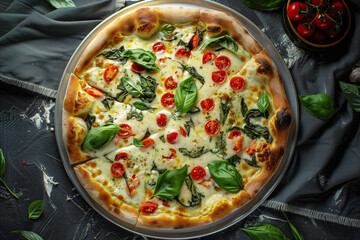 Delicious pizza mozzarella with cheese, basil, cherry tomatoes and spinach top view. Whole pizza on gray concrete background with gray drape, fresh tomatoes, olive oil. Flat lay