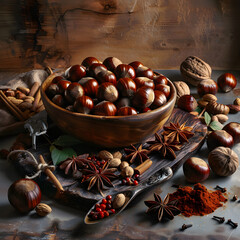 Wall Mural - A wooden bowl overflowing with chestnuts, surrounded by spices and nuts