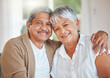 © DavisShared/peopleimages.com - Senior, happy couple and portrait in home with love, relationship bonding and affection with trust or support. Elderly man, woman and together in family house with hug, marriage loyalty and embrace.
