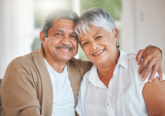 Canvas Print - Senior, happy couple and portrait in home with love, relationship bonding and affection with trust or support. Elderly man, woman and together in family house with hug, marriage loyalty and embrace.