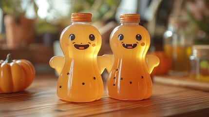 Cute ghost-shaped bottles with smiling faces on a wooden surface, creating a playful and festive Halloween decoration. Concept of Halloween, cute decor, and festive celebration