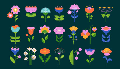 Wall Mural - modern flowers illustrations. geometric, flat style design, folk motif, bright and colorful flowers.