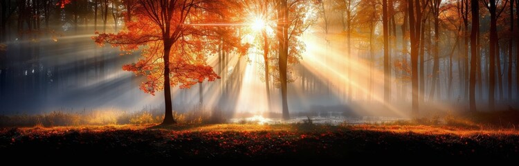 Wall Mural - Autumn Sunrise Over Foggy River