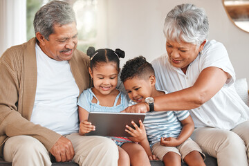 Poster - Grandparents, playing and tablet with grandchildren for fun, growth and development in home. Kids, technology and senior people for bonding, educational games and together for love, care and family