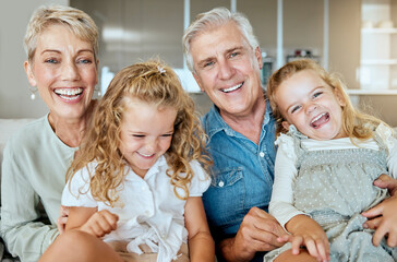 Wall Mural - Laugh, kids and portrait of grandparents in home for care, love or support. Face, grandma and grandfather with happy girls to relax in living room for family connection, generations and funny sisters