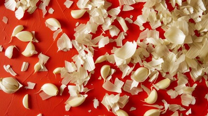 Scattered garlic cloves and peels spread across a vibrant red surface. The image captures the contrast between the white garlic and the bold red background, highlighting the texture and details of the