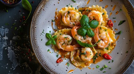 Wall Mural - Delicious shrimp ravioli on a decorative rustic plate. This gourmet seafood dish is perfect for upscale dining or recipe inspiration. Beautifully plated for a fine dining experience. AI