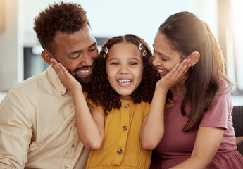 Wall Mural - Portrait, young girl and parents for love, support and childcare with trust, together and happy in bonding. Affection, woman and daughter with man in embrace, connection and comfort as family in home