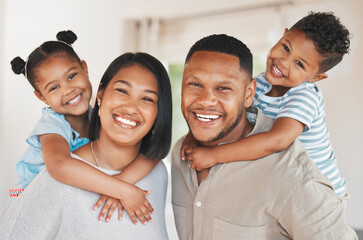 Poster - Family, portrait and carrying in living room for bonding, relax and relationship together on weekend. Mother, father and children with smile in house for love, care and support as happy people