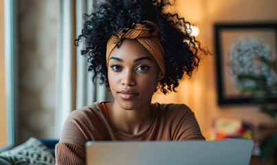 Poster - Young Black Female Freelancer Working on Laptop at Cozy Home Office During Daytime, Focused and Inspired Setting for Remote Work and Creativity