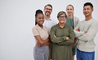 Poster - Business people, team and portrait in office with diversity for collaboration, professional and results. Staff, solidarity and face in workplace with mockup for partnership, trust and cooperation