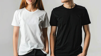 Man and woman wearing blank white and black t-shirts mockup use concept simple and versatile apparel plain and neutral design customizable clothing perfect for showcasing logos or designs casual