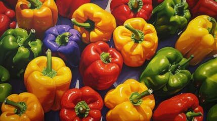 Wall Mural - A top-down view of an assortment of mixed bell peppers, featuring an array of colors including red, yellow, green, orange, and a rare purple pepper. The vivid hues and natural shine highlight the