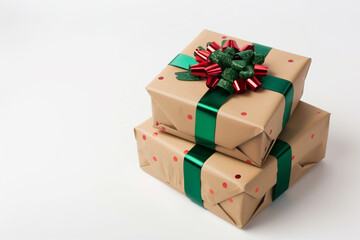 Two Christmas presents wrapped in paper with polka dots and shiny green ribbon bow, stacked on top of each other, isolated against the white background. 