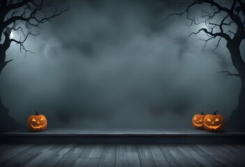 Wall Mural - Halloween foggy background with 3D pumpkins and space for text