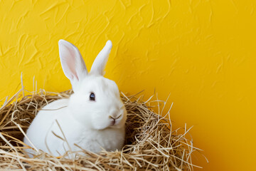 A white rabbit is sitting in a nest made of straw